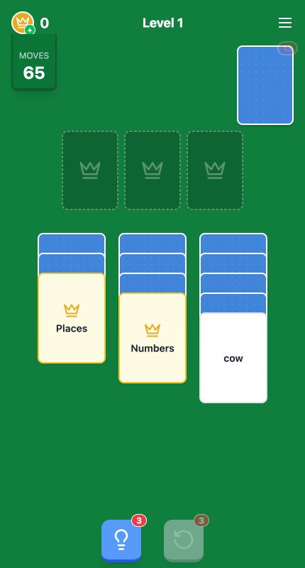 Real Solitaire Associations: Words gameplay showing a playable word-card level